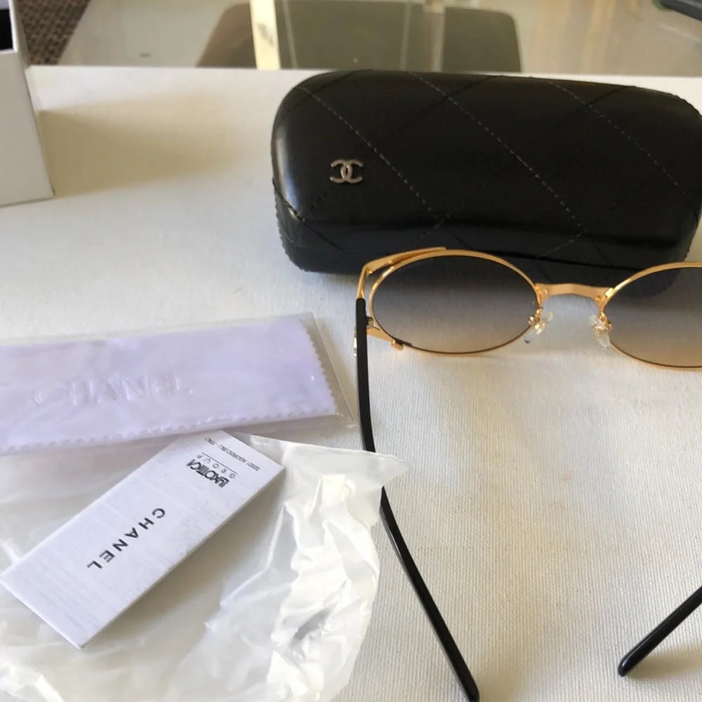 Chanel Gold Metal Round Sunglasses with Black Case